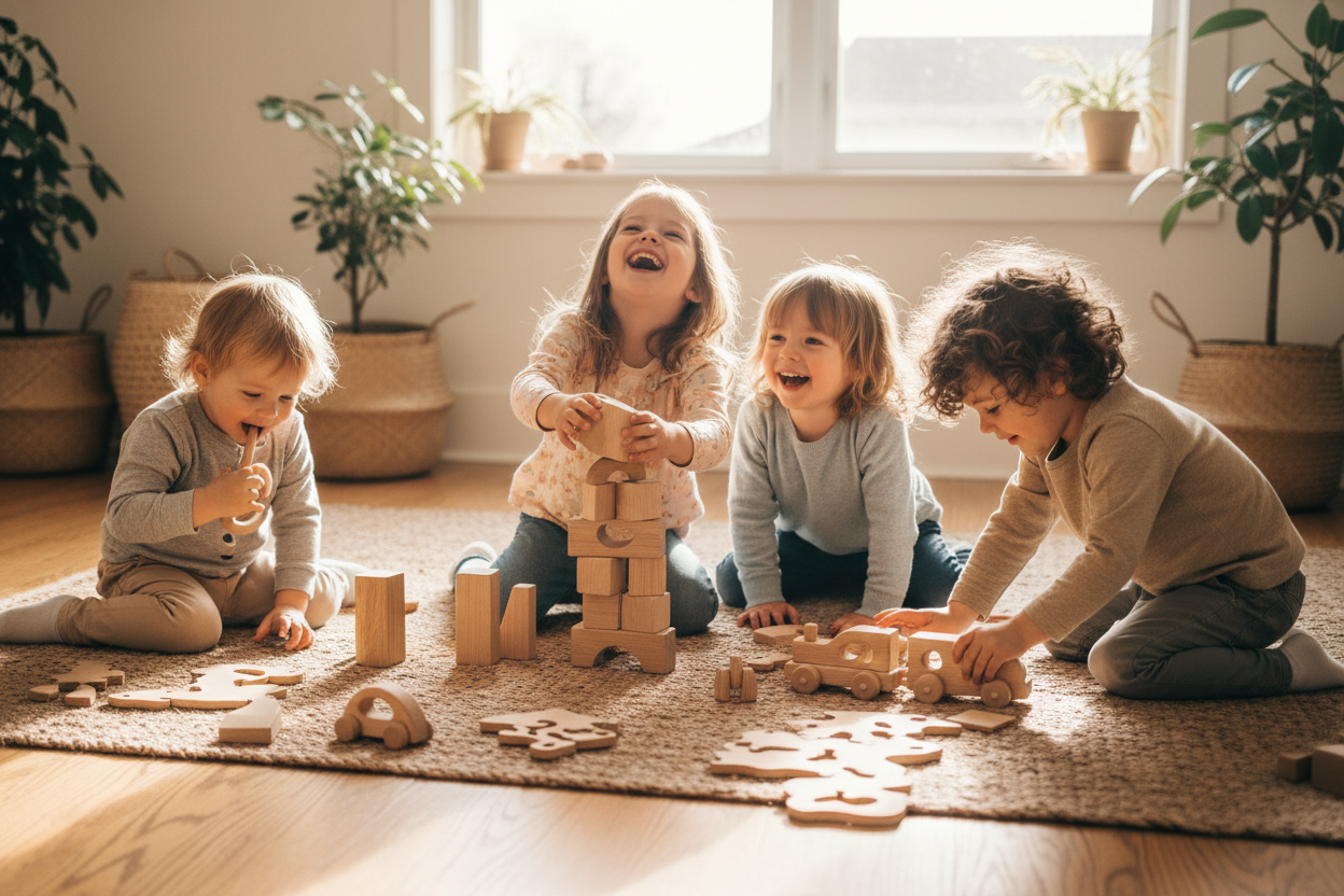 happy kids playing with homade wooden toys